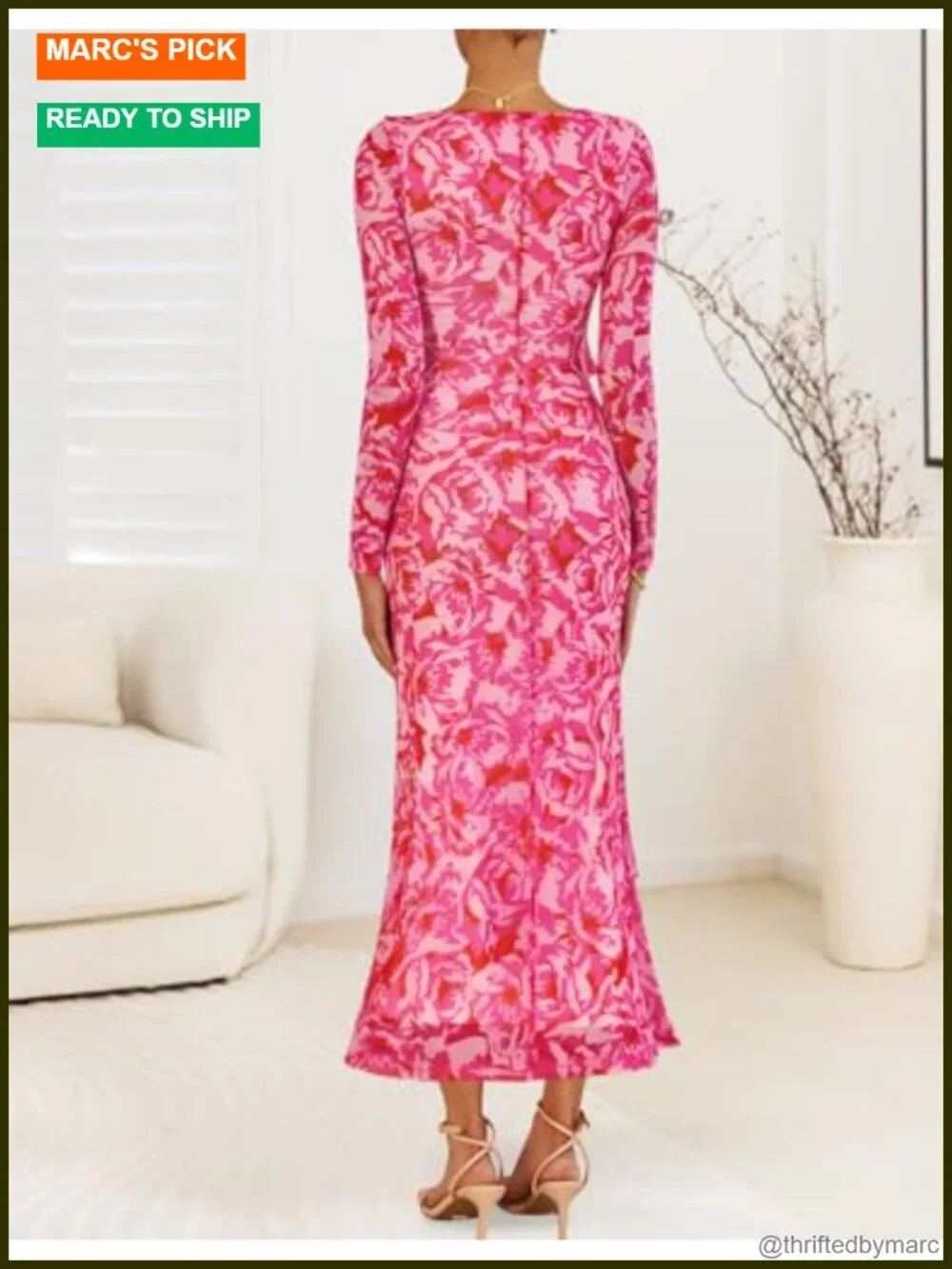Women's Floral Maxi Dress Long Sleeve V-Neck Bodycon Mermaid Dress